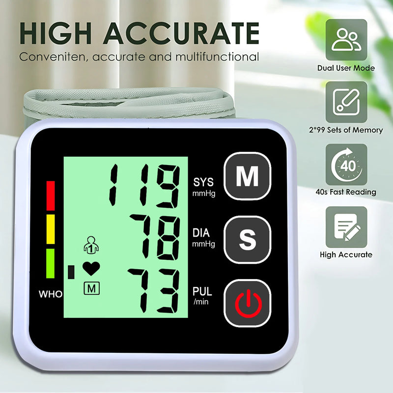 Monitor de Pressão Arterial Digital de Pulso com LCD – Mede Batimentos Cardíacos, Taxa de Pulso e Cuidado com a Saúde